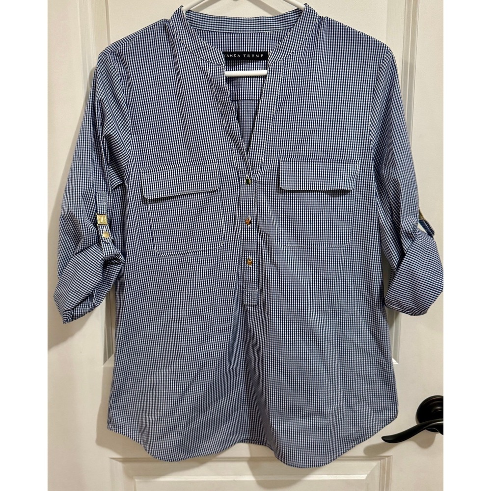 Ivanka Trump Blue Gingham Print 1/2 Button Up Sleeve Women's Size Small